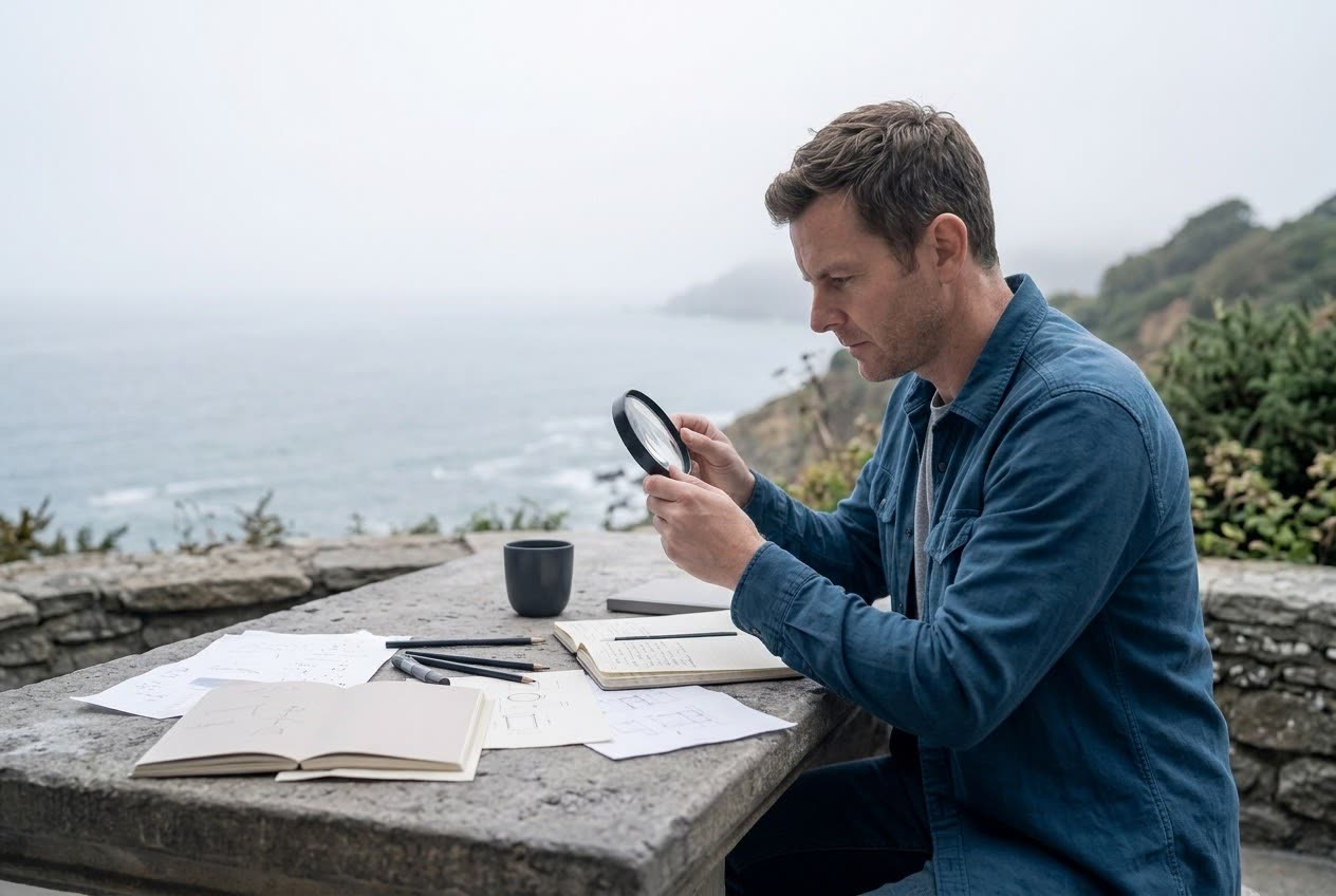 Hombre observando con una lupa unas notas frente al mar